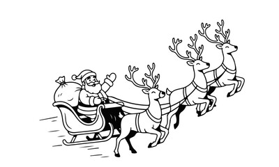 Santa Claus riding in a sleigh with a big gift bag, pulled by flying reindeer, festive Christmas vector scene. Santa sleigh, Santa reindeer, Christmas vector, holiday scene, festive illustration