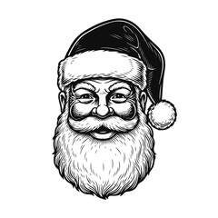 A festive Santa Claus head with a fluffy beard and classic hat, a cheerful holiday character. Santa head, Santa face, Christmas symbol, holiday character, holiday art