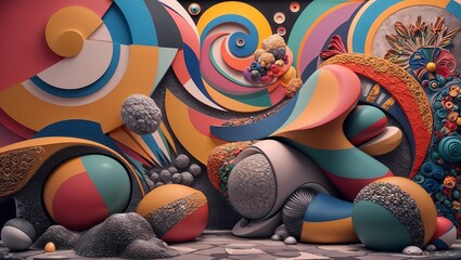 Vibrant 5D Abstract Art: Geometric Shapes, Swirls & Textured Spheres