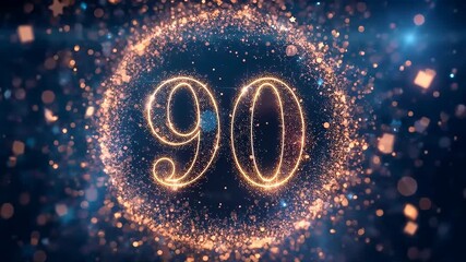 Starting sequence, glowing numerals '90' tracing and pulsing, marking on navy backdrop, halo sparks - Powered by Adobe