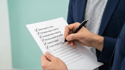 Close-up of hands checking off a to-do list, representing task completion, productivity, and efficient planning in a professional setting.