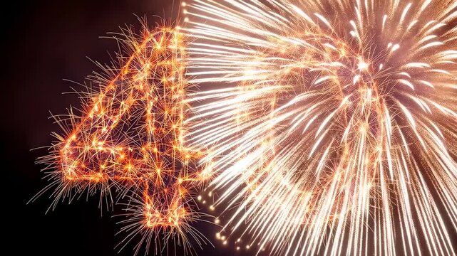 Bursting aerial fireworks illuminating glowing numeric 40 in night sky, initial bloom covering zero
