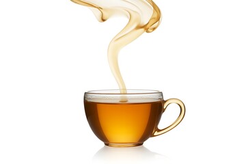 Elegant stream pouring into a clear glass teacup on white, perfect for beverage ads, showcasing tea brands, or highlighting healthy lifestyles with a touch of elegance