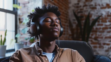 World Introvert Day: Young professional with eyes closed wearing headphones, peaceful expression, sitting in minimalist modern apartment, soft natural light, enjoying music alone