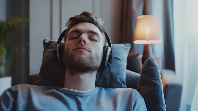 World Introvert Day: Young professional with eyes closed wearing headphones, peaceful expression, sitting in minimalist modern apartment, soft natural light, enjoying music alone