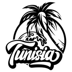 Stylish Tunisia summer holiday travel emblem with palm tree and ocean waves in monochrome design.