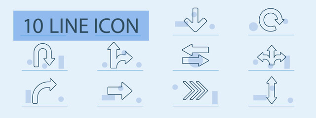 Arrow set icon. Line icons showing directional arrows including up, down, left, right, u-turn, curve, loop, expand, rotate, navigation indicators