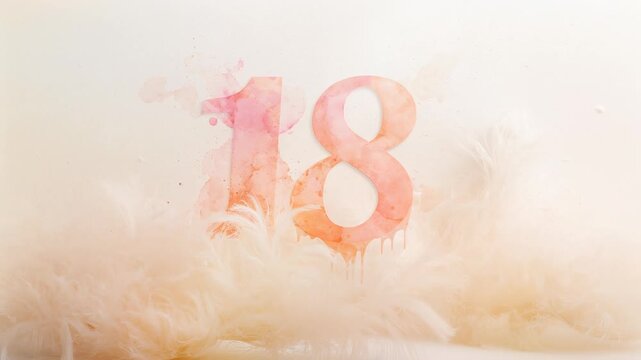 Showing big watercolor numeral 18 during pan, revealing paint drips, feathers settling at cream set