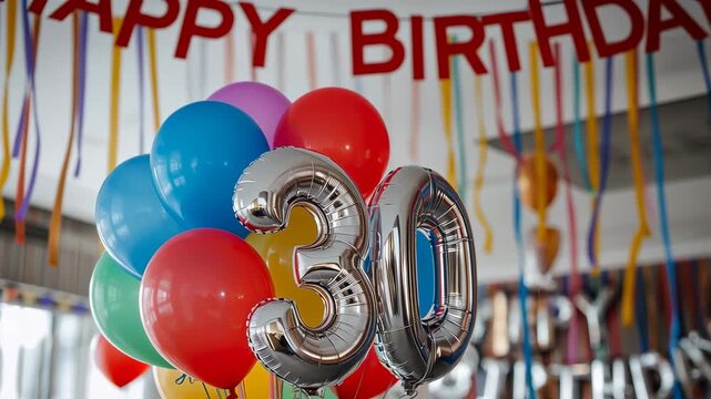 Shifting camera revealing center balloon cluster in party room, showing silver '3' and '0' banner