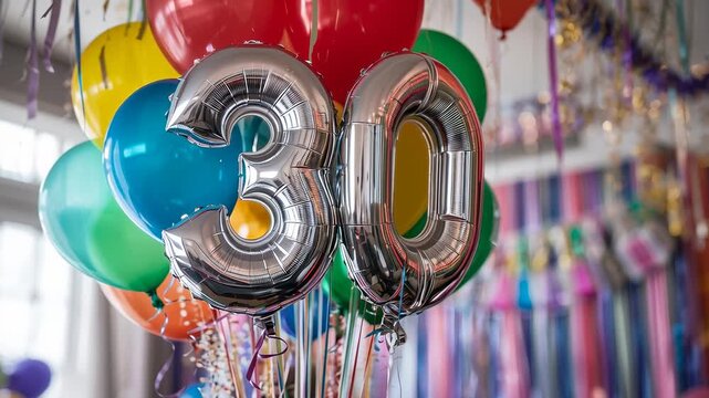 Bobbing balloon cluster led by silver numerals 30 responding to gentle window breeze in party room