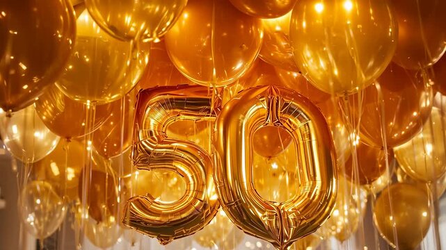 Swaying from gentle breeze gold balloon cluster shifting in party room, foil 50 reflecting lights