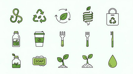 Ecology icons set features green vector symbols for environment, nature, recycling, energy, leaf, tree, house, car, and water design illustration for the web