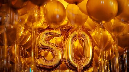 Swaying from air, gold numeral balloons forming 50 catching light at 50th celebration, with ribbons - Powered by Adobe