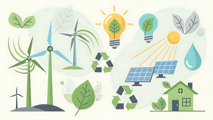 Green ecology icons set: eco friendly house with solar energy and wind turbines, recycling symbol, water, earth, and nature elements vector illustration design