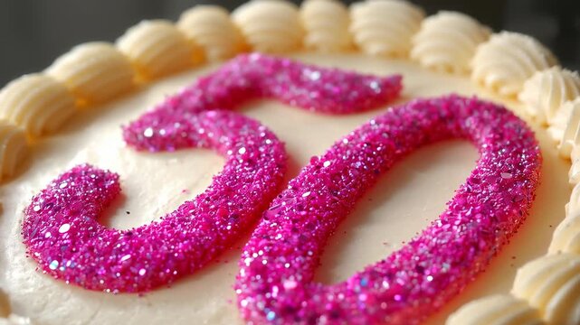 Camera pulling closer, frosted 50 cake shimmering on table, showing pink glitter and piped border