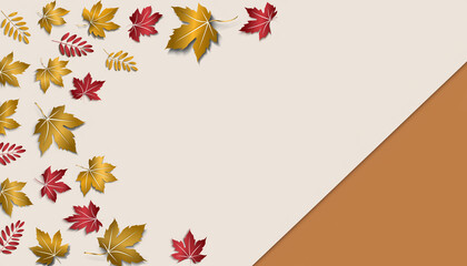 Autumn Fall Leaves Vector Background with Warm Orange, Yellow, and Red Foliage on Soft Beige and Brown Diagonal Split Layout, Seasonal Decorative Botanical Illustration