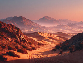 Naklejka premium a vast desert landscape under a sunset or sunrise sky, with warm orange and red hues illuminating the sand dunes and the rugged, rocky mountains in the background.