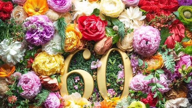 Lighting rising, causing camera zooming, highlighting gold 60 on moss backdrop with flowers