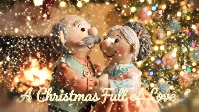 two soft felt figures float in a peach mint glow as golden snowfall frames their quiet christmas dance