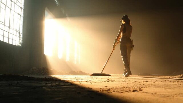 A beautiful female worker diligently sweeping a dusty concrete floor as sunlight creates shafts through a window, illuminating dust motes that dance in the air.