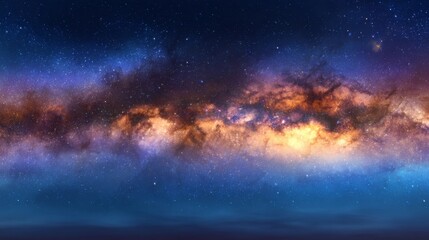 Fototapeta premium Stunning panoramic view of the colorful milky way galaxy shining brightly in the deep dark night sky.