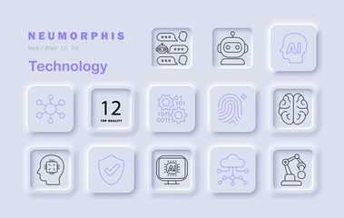 Technology set icon. Chatbot, AI brain, fingerprint, neural network, cloud, robotic arm, secure shield, gears, nodes, programming lines in neumorphic style elements