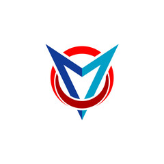 Modern Vector Graphic with Abstract M-Shaped Symbol Surrounded by Red and Blue Circular Design, Ideal for Branding Identity and Corporate Symbolism with a Clean Aesthetic