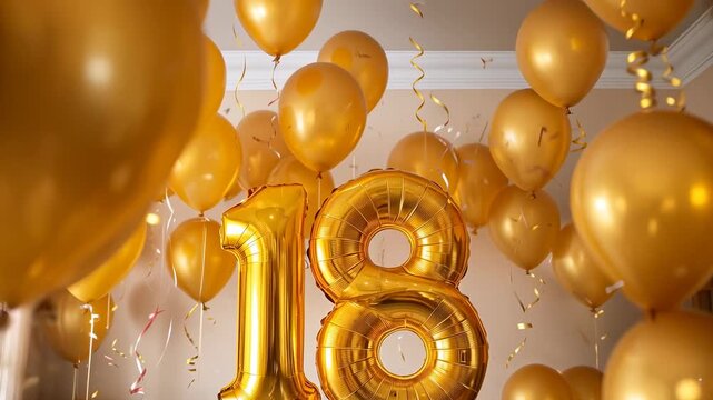 Camera moving to emphasize foil 18 while breeze shifting balloons at home, confetti falling