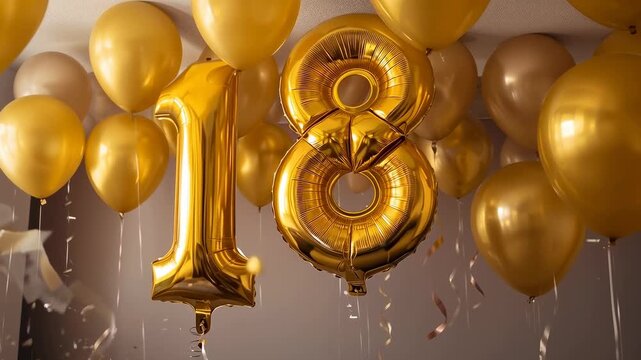 Confetti dropping and streamers drifting in party room, gold foil 18 balloons remaining centered