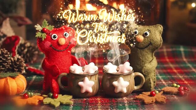 a cozy morning scene where felt puppets sit together on a plaid rug sharing cocoa topped with star shaped marshmallows surrounded by pumpkin spice and olive tones as glitter steam rises softly