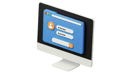 Modern Computer Monitor Displaying a Digital Login Screen Interface With Username and Password Fields and a Search Button Against a Clean White Background