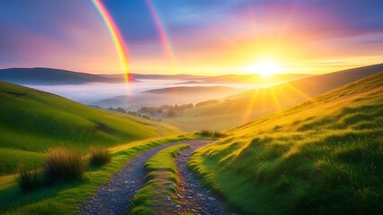 Scenic mountain valley at sunrise with rainbow and foggy landscape view