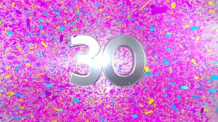 Bursting magenta confetti from behind metallic 30, expanding forward and filling studio frame - Powered by Adobe