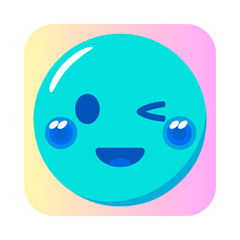 Cute turquoise emoji winking with rosy cheeks and happy smile
