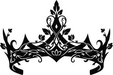 Intricate Black Silhouette Of A Regal Crown Adorned With Leaves And Swirling Vines Keywords: crown, royalty, regal, monarch, queen, king, princess, prince, tiara, diadem