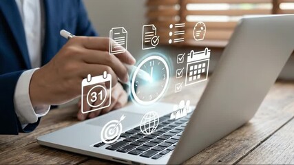 Professional Managing Digital Workflow and Time with Holographic Business Icons on Laptop in Modern Office - Powered by Adobe