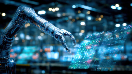 Futuristic industrial robotic arm interacts with digital display, showcasing advanced technology and automation in modern manufacturing environment. scene conveys innovation and precision