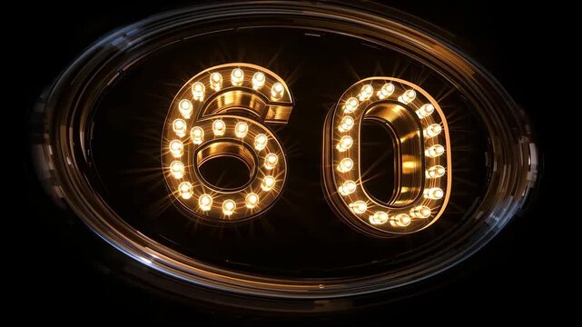 Starting lit, marquee numbers 60 and oval bezel pulsing in dark display, bulb starbursts shifting