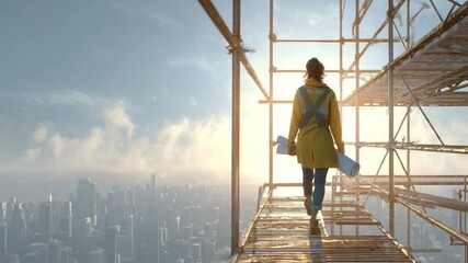 A female worker walking on scaffolding with a blueprint, set against a city skyline on a windy day.