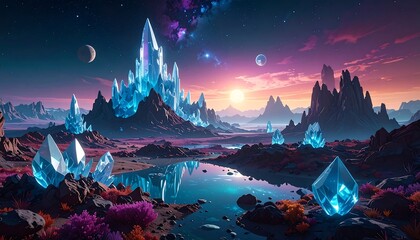 An alien landscape with giant crystals, a serene body of water, and a vibrant, colorful sky at sunrise/sunset