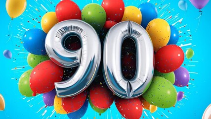 Bursting confetti pushing silver 90 over latex cluster staying central on cyan set, marking 90