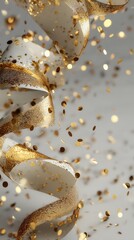 Luxurious swirling golden confetti and festive ribbon floating through warm celebratory lighting creating an elegant sparkling holiday atmosphere perfect for Christmas and New Year designs