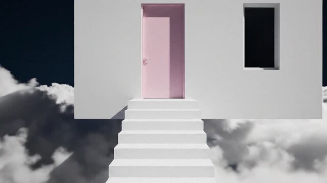Minimalist White House with Pink Door Floating in Fluffy Clouds, Surreal Dreamy Concept 3D Render