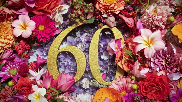 Camera moving closer to highlight textured gold numeral 60 and detailed petals on floral backdrop