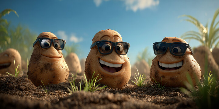 Close-up of three anthropomorphic smiling cartoon potatoes with dark sunglasses sprouting from moist soil. A humorous, eye-catching image perfect for food ads and farming. Generative Ai. - Powered by Adobe