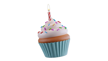 Single Vanilla Cupcake With White Swirled Frosting And Colorful Sprinkles Topped With A Lit Red And White Striped Candle On A Teal Cupcake Liner Isolated On Black