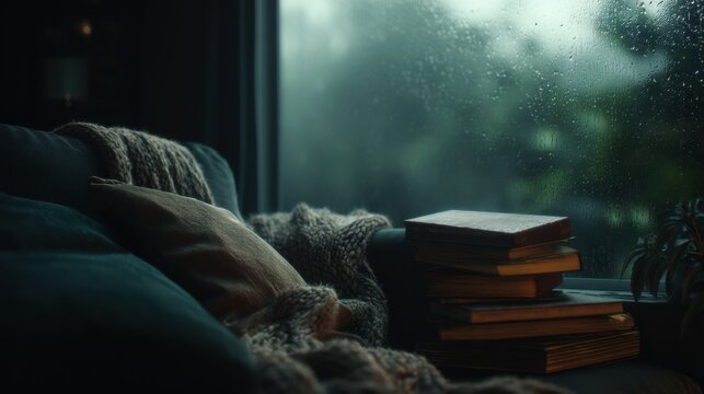 Cozy living room interior with vintage books knitted blanket and rain streaked window for hygge lifestyle visuals cinematic home storytelling and moody decor
- Powered by Adobe