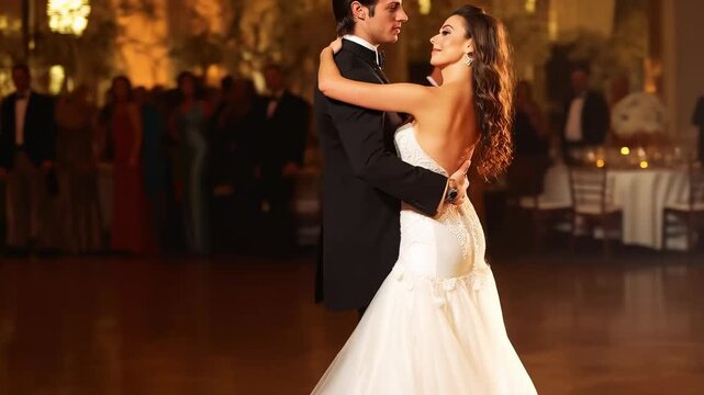 Dancing wedding couple, music starting, gliding in ballroom during first-dance with gown train, tux