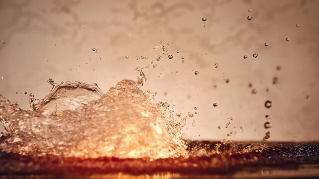 Impacting single drop forming arching splash in amber-lit pool on table, with droplets and ripples