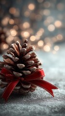 Beautiful pinecone wrapped with red ribbon captured in warm festive lighting creating a charming rustic Christmas decoration perfect for seasonal cards, banners and cozy winter themes